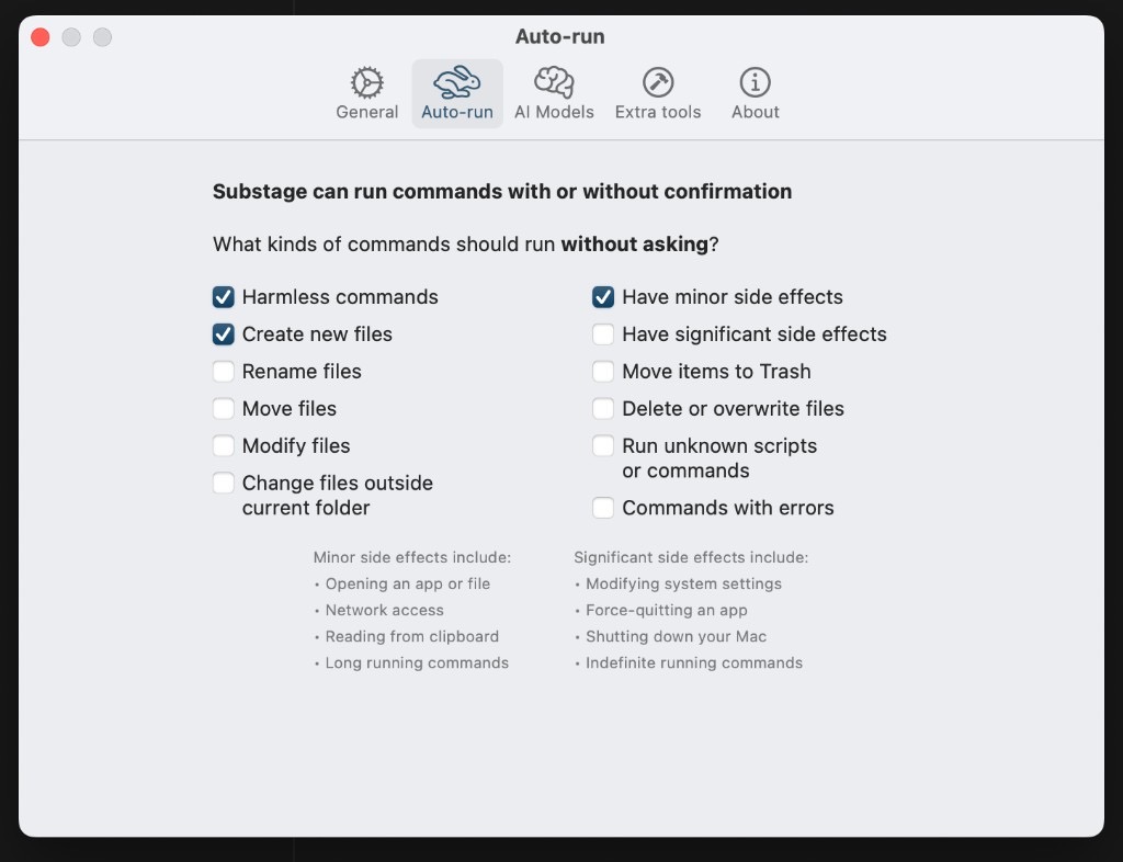 Substage Auto-run settings showing granular control over which commands run automatically based on predicted side effects